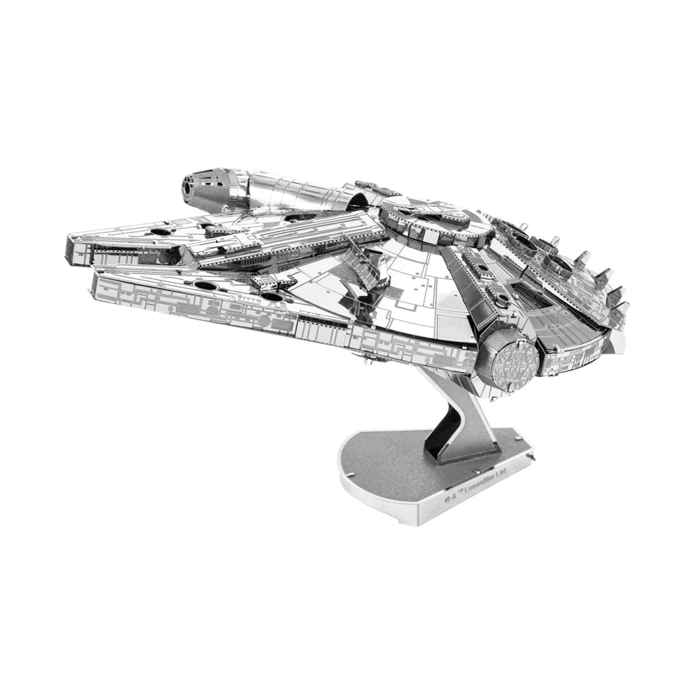 Metal Earth ICONX Millennium Falcon 3D metal model kit on display stand, detailed silver metallic spacecraft with intricate panel work and components