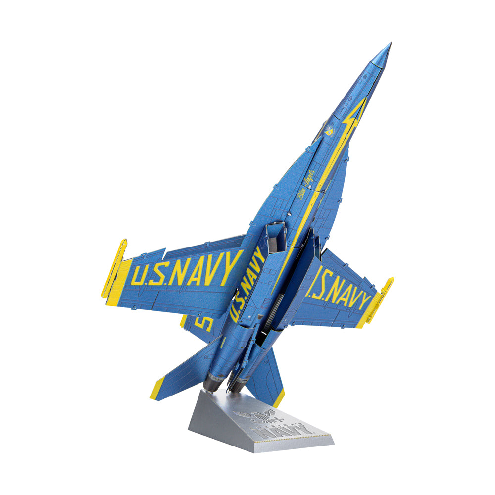 Blue and yellow U.S. Navy F/A-18 Super Hornet fighter jet model on gray stand, shown at upward angle on plain background