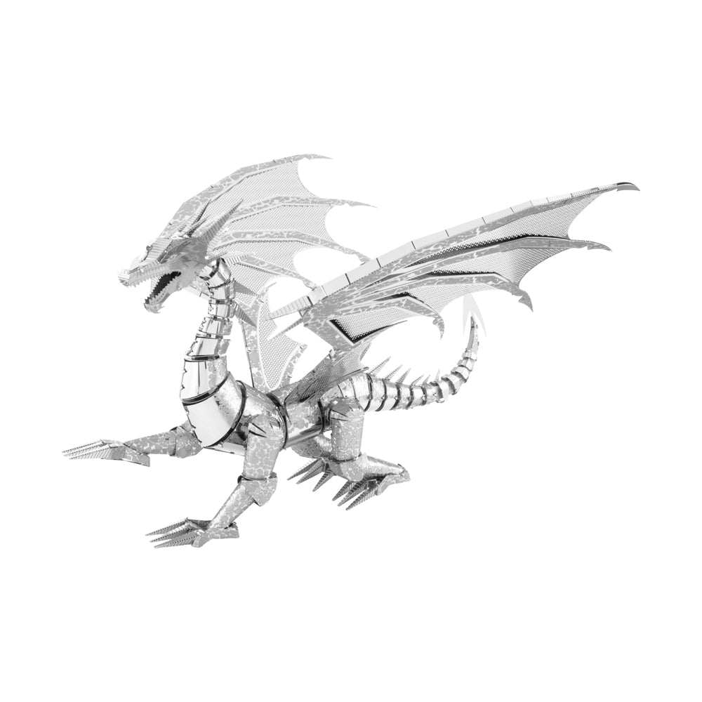 Silver dragon 3D metal model kit with spread wings, segmented body, clawed feet, and detailed metallic texture on plain background