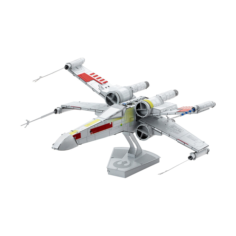 X-Wing Starfighter 3D metal model kit displayed on gray stand with extended wings and articulated laser cannons