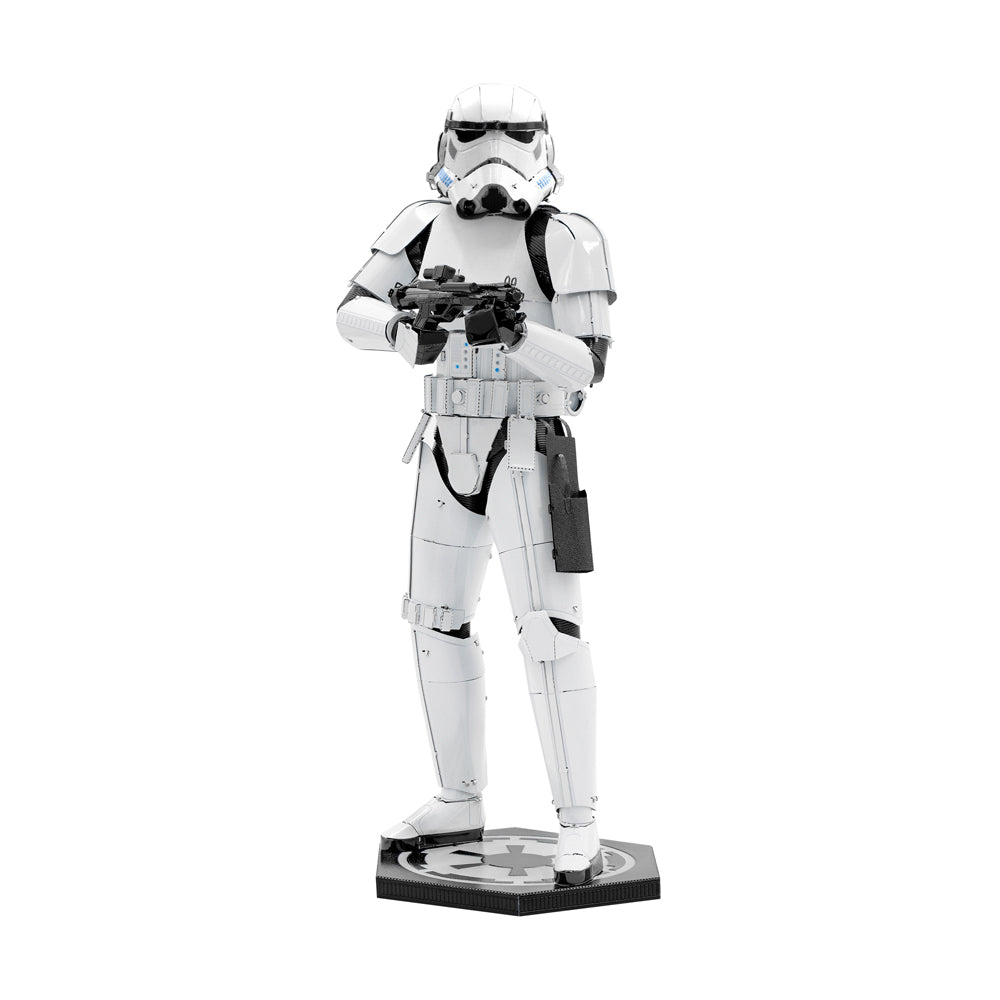 Star Wars Stormtrooper 3D metal model kit assembly, white and black armor with weapon, displayed on base against plain background