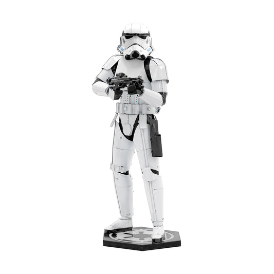 Star Wars Stormtrooper 3D metal model kit assembly, white and black armor with weapon, displayed on base against plain background