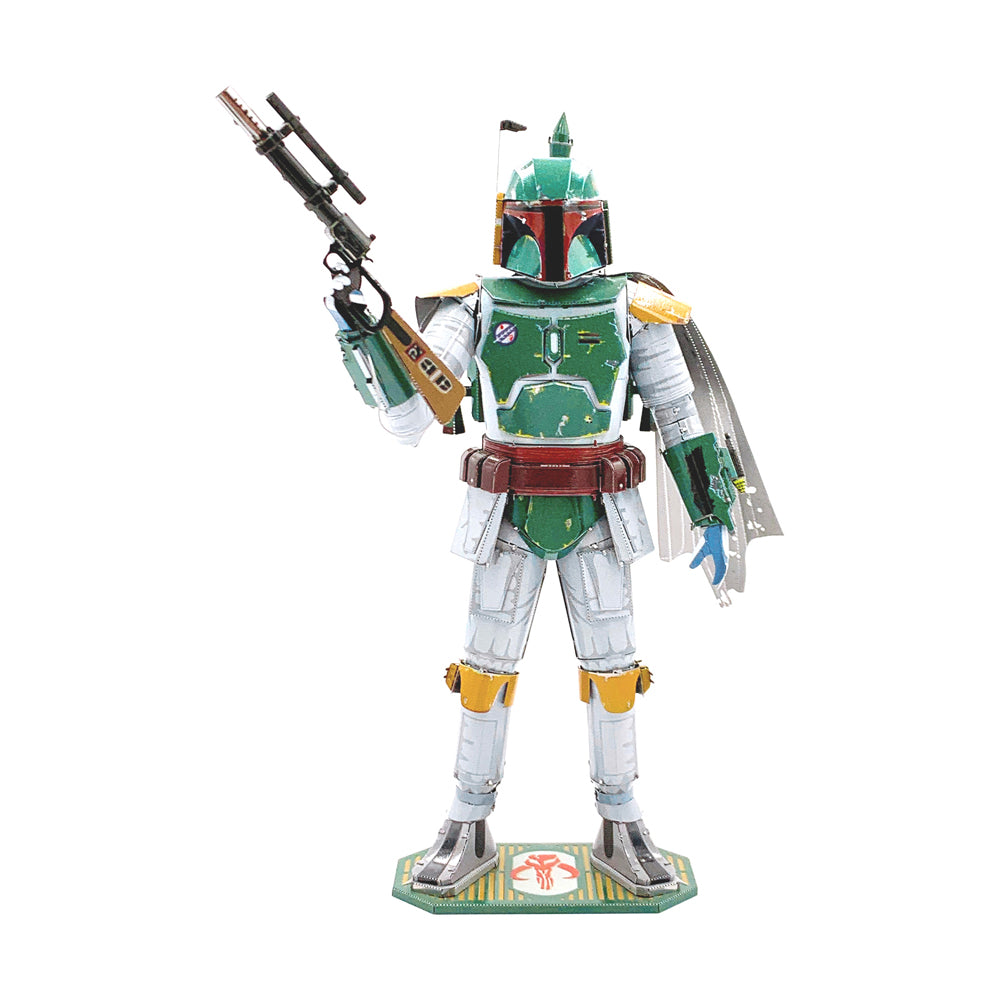 Boba Fett action figure with green and white armor, red helmet, holding rifle and jetpack, on display base