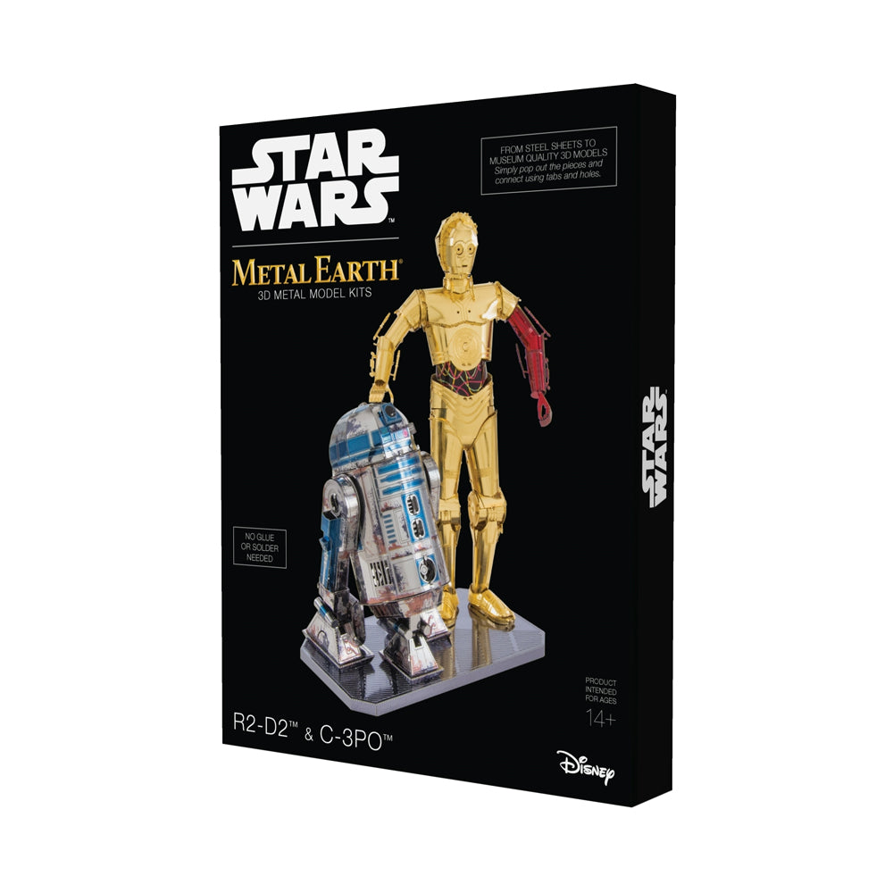 Star Wars Metal Earth 3D metal model kit box featuring R2-D2 and C-3PO characters on black background