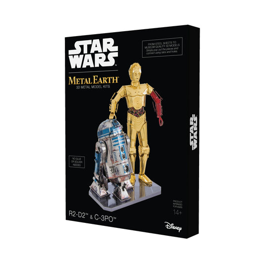 Star Wars Metal Earth 3D metal model kit box featuring R2-D2 and C-3PO characters on black background