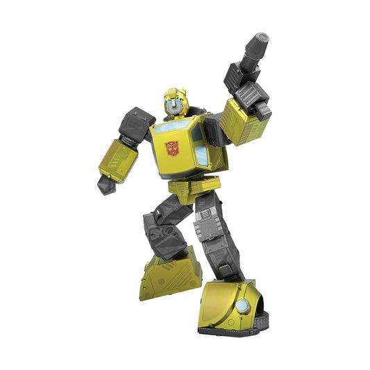 Yellow and black Bumblebee Transformers action figure in robot form with raised arms, articulated joints, and metallic details on plain background