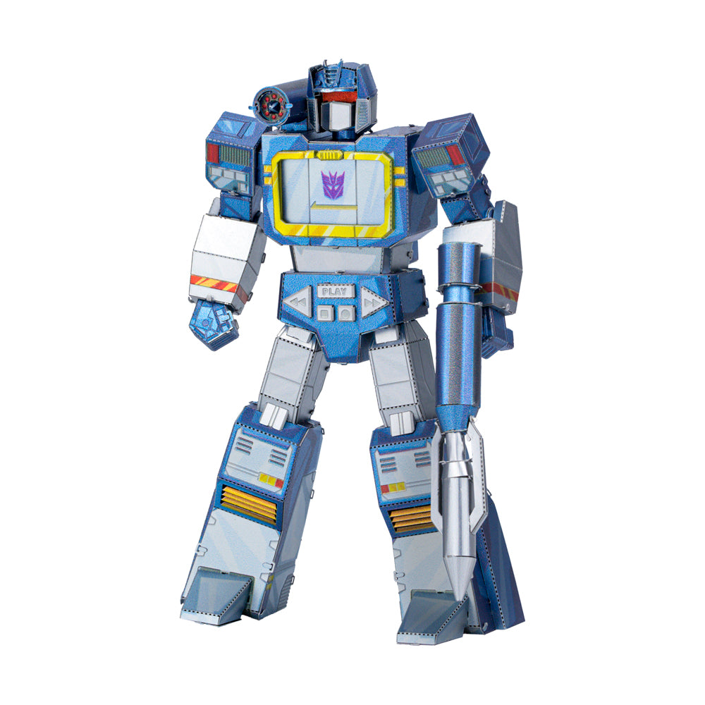 Blue and gray Transformers Soundwave action figure with articulated limbs, yellow-accented chest panel, and silver cannon arm on plain background