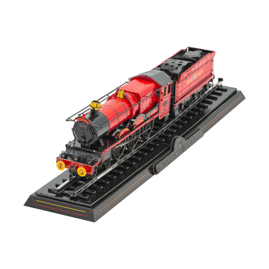 Red and black Hogwarts Express train engine with attached cargo car on black display base, metal 3D model kit