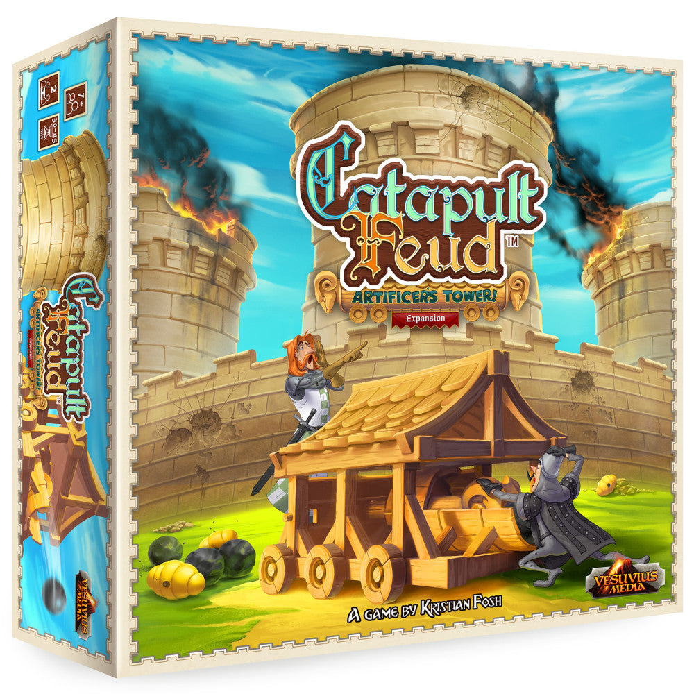 Catapult Feud: Artificers Tower Expansion board game box showing medieval castle towers, catapult, and wooden game pieces on grass