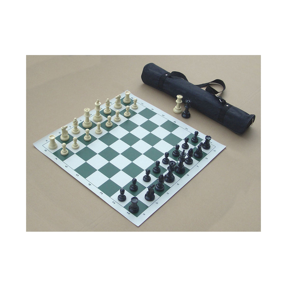 Chess set with green and white board, cream and black pieces, and navy carrying case on plain background