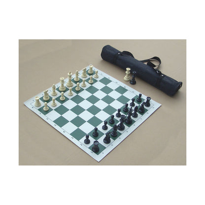 Chess set with green and white board, cream and black pieces, and navy carrying case on plain background