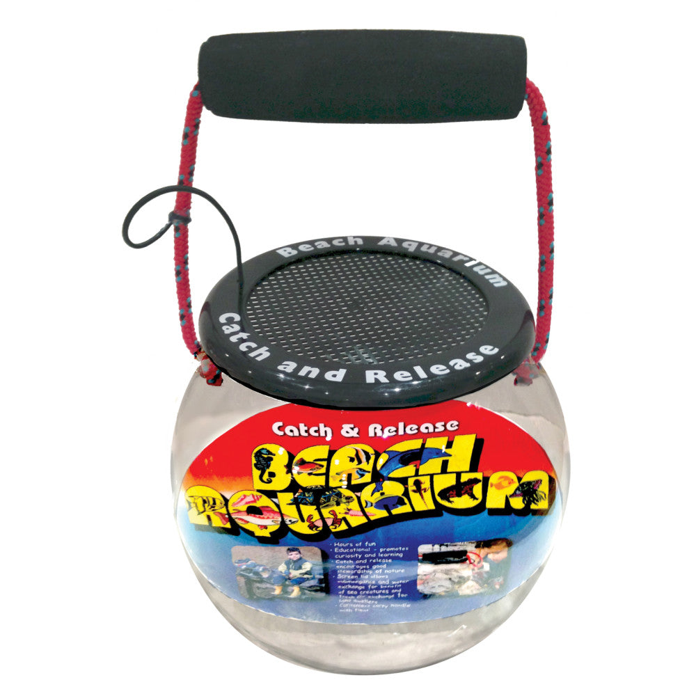 Portable beach aquarium kit with clear plastic bucket base, black mesh net top with red rope handles, and catch and release labeling