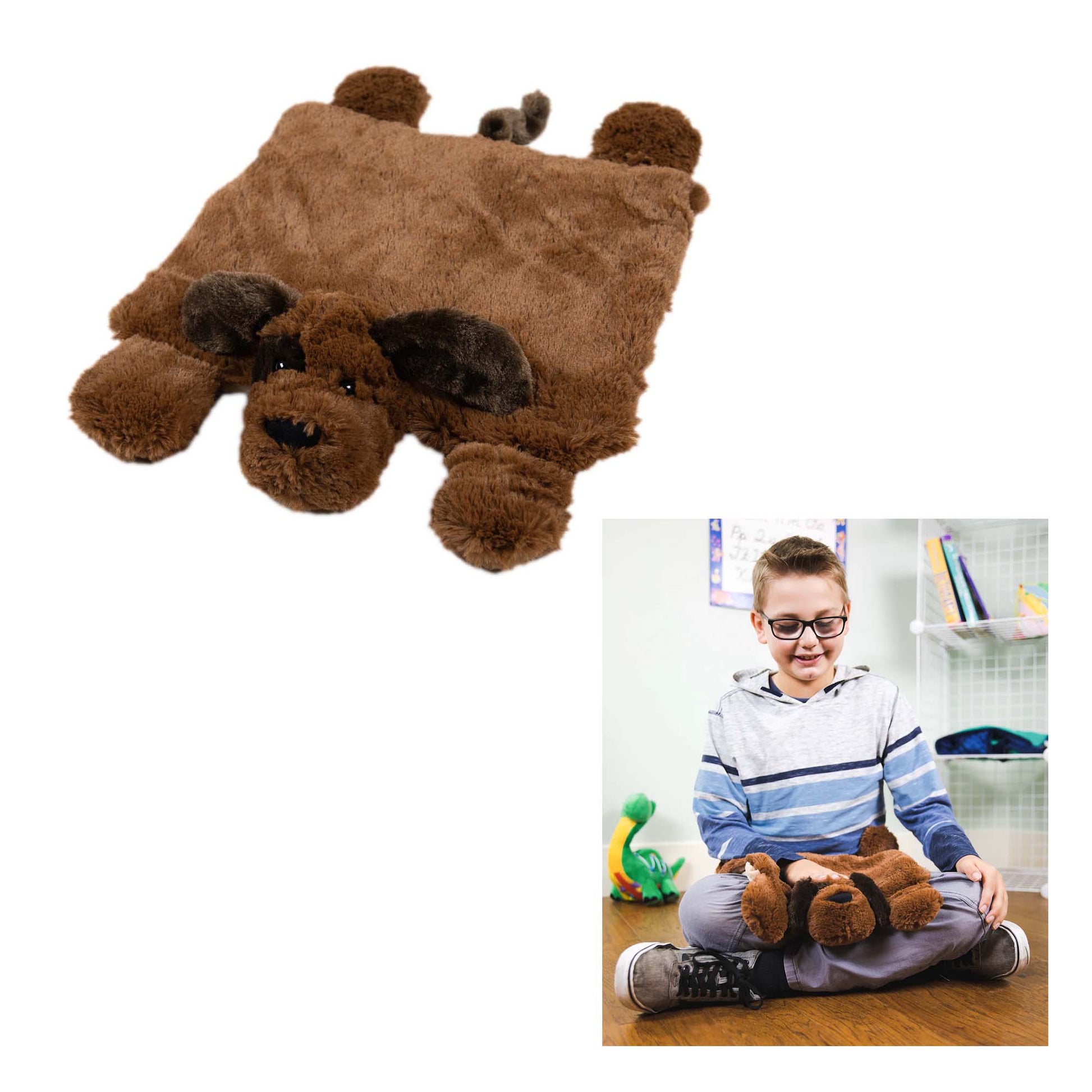 Brown plush puppy lap pad with dark ears and nose, modeled by a child sitting on floor