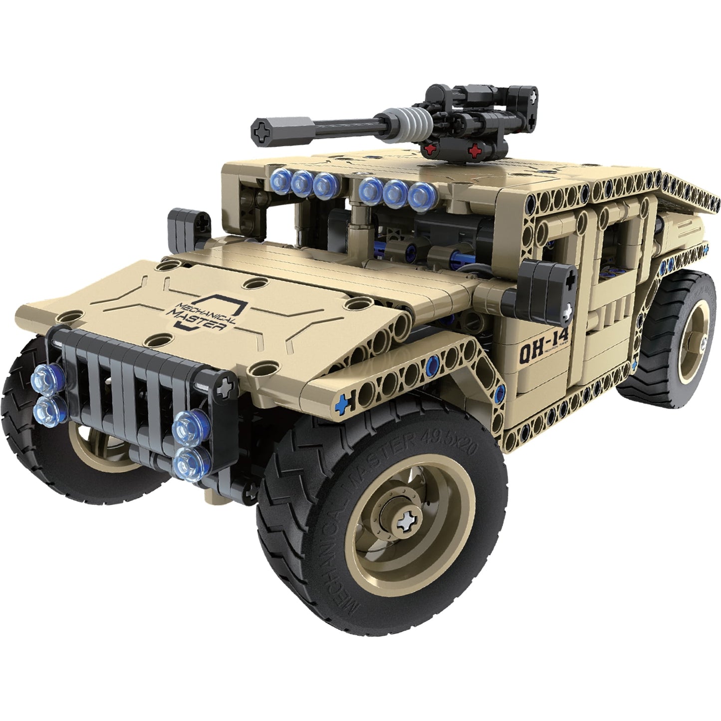 Tan and black buildable R/C armed off-road vehicle with blue lights, rotating turret with cannon, and large black tires on plain background