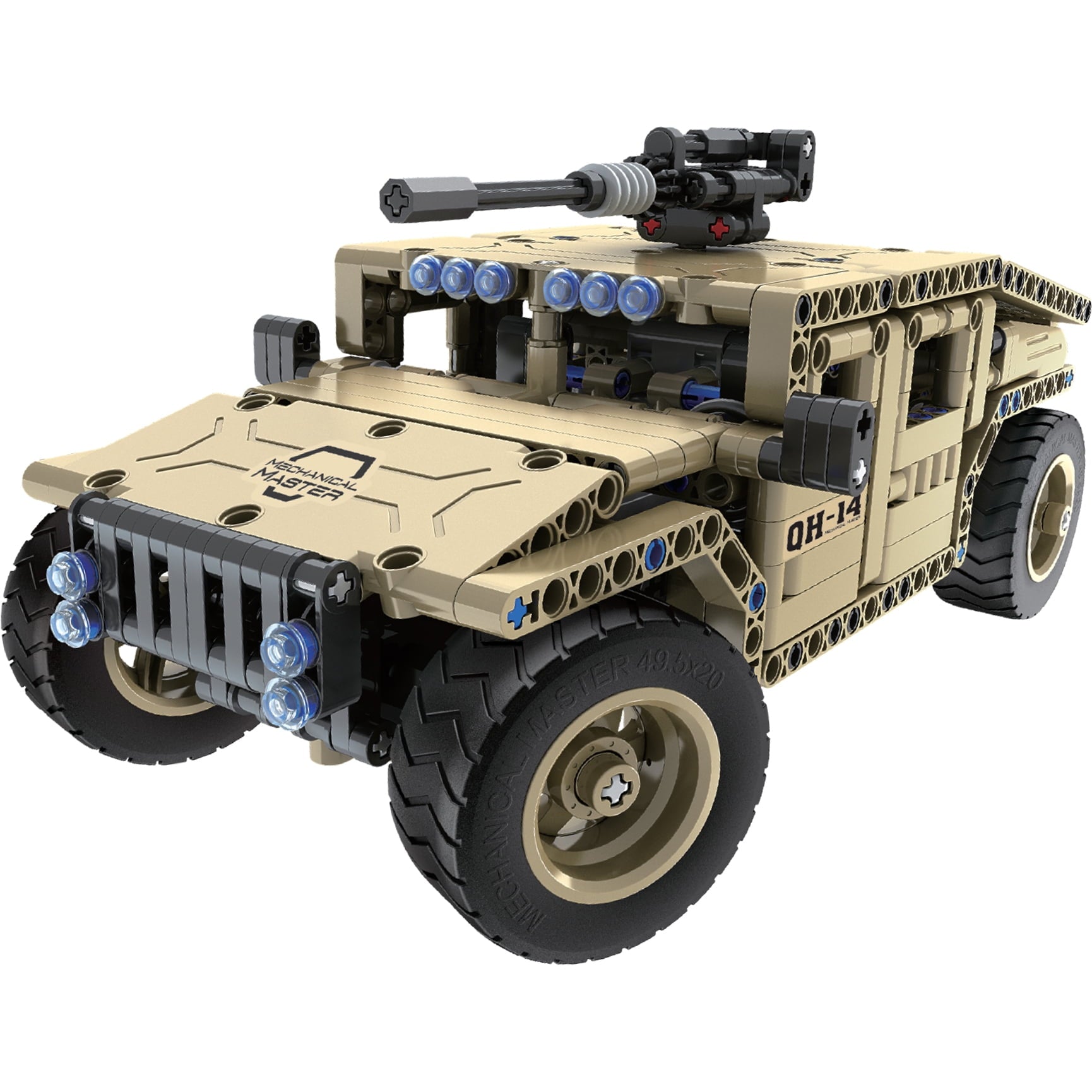 Tan and black buildable R/C armed off-road vehicle with blue lights, rotating turret with cannon, and large black tires on plain background