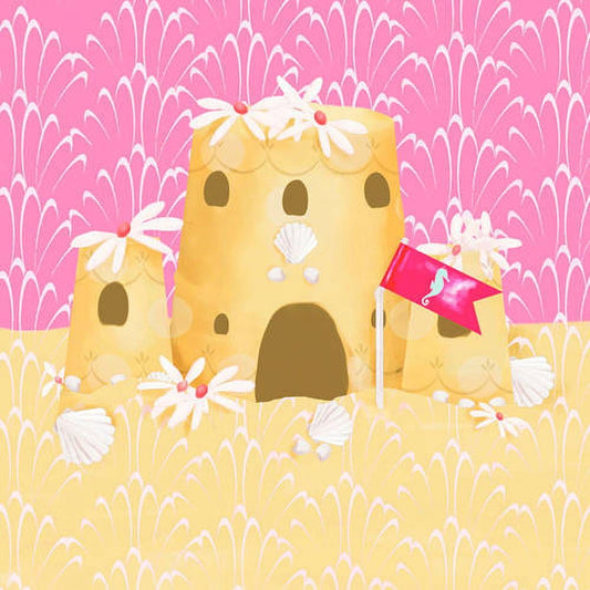 Whimsical illustrated sandcastle with yellow towers, white daisy flowers, and a pink flag against pink and yellow patterned background