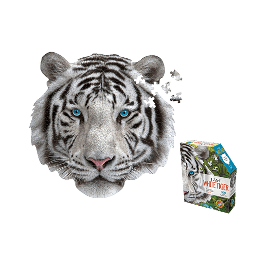White tiger head-shaped jigsaw puzzle with blue eyes and scattered puzzle pieces, shown with product box labeled I AM WHITE TIGER 300 pc