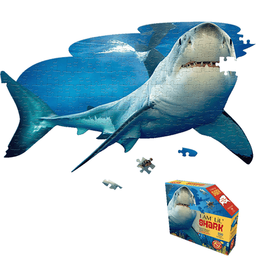 I AM LiL' SHARK 100-piece jigsaw puzzle shaped like a great white shark with loose puzzle pieces and product box shown