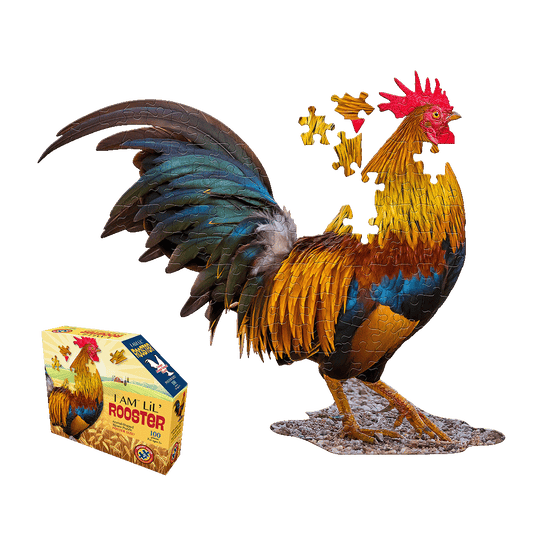 I AM Lil' Rooster 100-piece jigsaw puzzle box and assembled foam rooster puzzle with colorful blue, gold, and red feathering on plain background