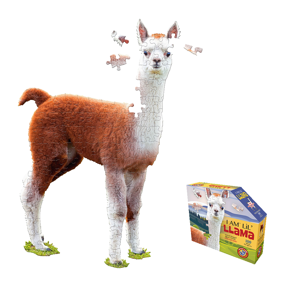 I AM Lil' Llama 100-piece jigsaw puzzle showing completed llama-shaped puzzle with brown and white coloring, loose puzzle pieces, and product box