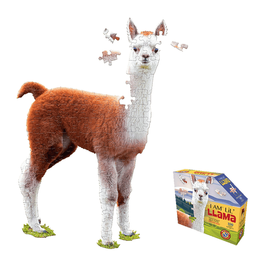 I AM Lil' Llama 100-piece jigsaw puzzle showing completed llama-shaped puzzle with brown and white coloring, loose puzzle pieces, and product box