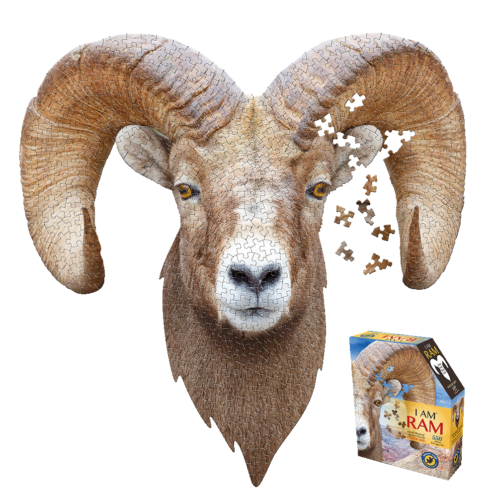 Ram head-shaped jigsaw puzzle with brown and white pieces, some loose pieces scattered to the right, shown with product box below