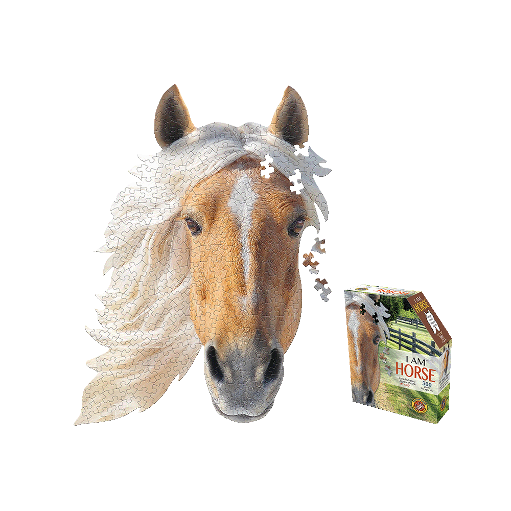 Madd Capp I AM HORSE 300-piece jigsaw puzzle showing horse head-shaped pieces and box packaging