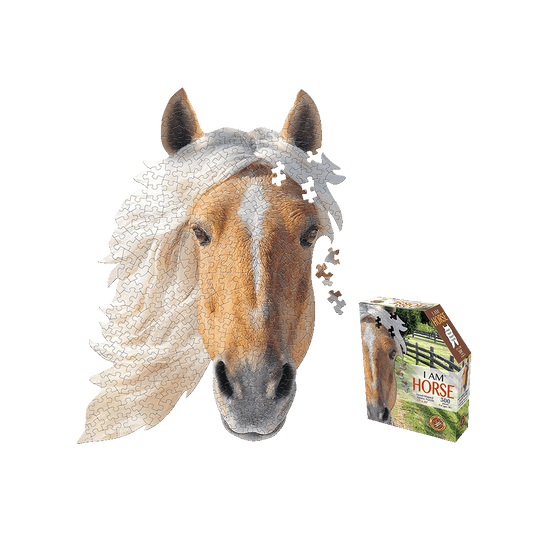 Madd Capp I AM HORSE 300-piece jigsaw puzzle showing horse head-shaped pieces and box packaging