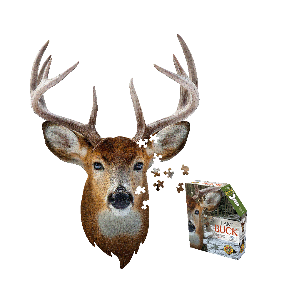 Madd Capp I AM BUCK Jigsaw Puzzle 300 pc showing completed puzzle image of buck deer head with antlers and puzzle pieces scattered, with product box displayed