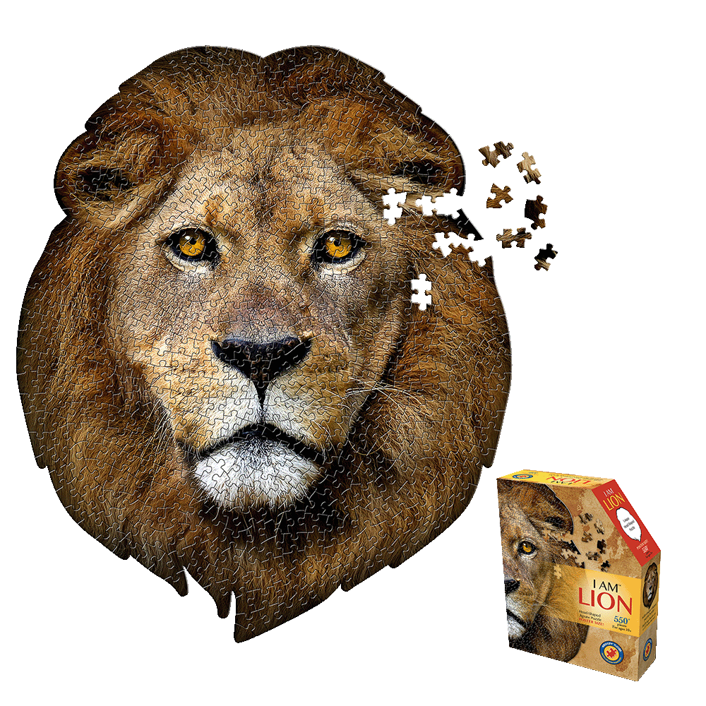 Lion head-shaped jigsaw puzzle with golden brown and white coloring, showing assembled puzzle pieces forming a lion's face with amber eyes, alongside puzzle box