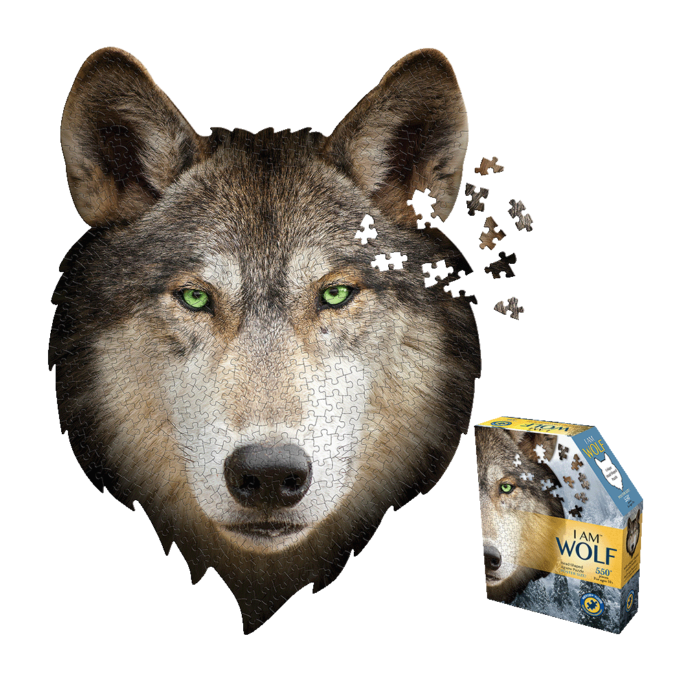 I AM WOLF 550-piece jigsaw puzzle featuring wolf head with green eyes and scattered puzzle pieces, shown with product box