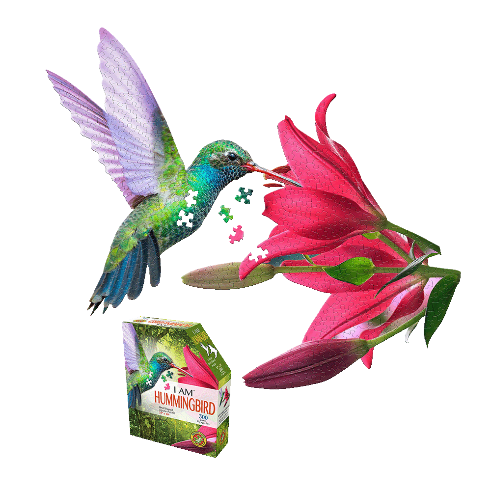 Hummingbird-shaped jigsaw puzzle with colorful green, blue, and purple bird hovering over pink flowers, shown with puzzle box displaying 300 pieces