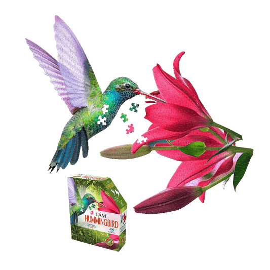 Hummingbird-shaped jigsaw puzzle with colorful green, blue, and purple bird hovering over pink flowers, shown with puzzle box displaying 300 pieces