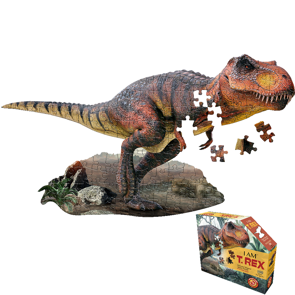 T-Rex shaped jigsaw puzzle with orange and brown coloring, shown assembled on a rocky base with some pieces displayed separately, and the product box below