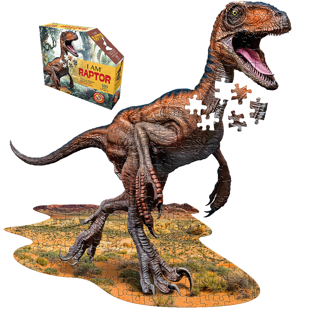 I AM RAPTOR 100-piece jigsaw puzzle showing brown dinosaur with open mouth and textured base, displayed assembled and with box