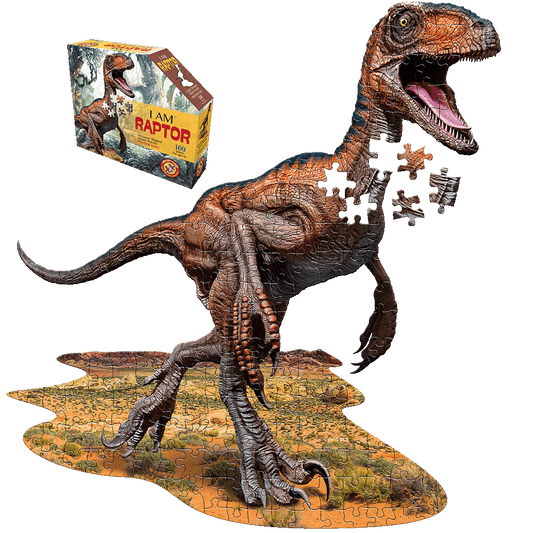 I AM RAPTOR 100-piece jigsaw puzzle showing brown dinosaur with open mouth and textured base, displayed assembled and with box