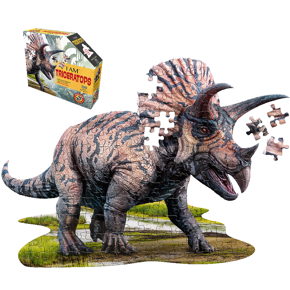 Triceratops-shaped jigsaw puzzle with 100 pieces, showing a detailed dinosaur in brown and black tones standing on green terrain, with loose puzzle pieces displ
