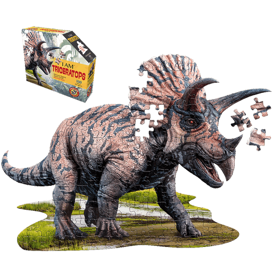 Triceratops-shaped jigsaw puzzle with 100 pieces, showing a detailed dinosaur in brown and black tones standing on green terrain, with loose puzzle pieces displ