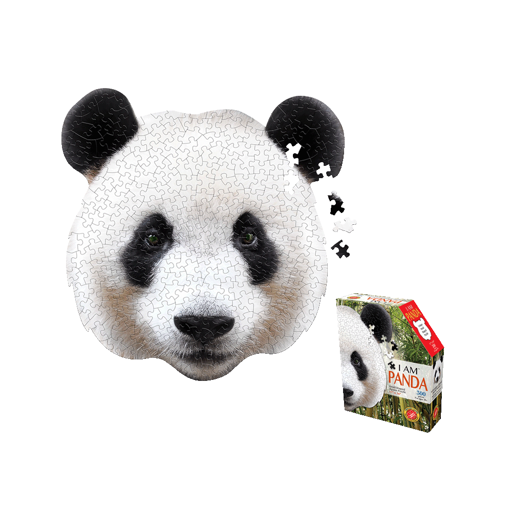 Madd Capp I AM Panda 300-piece jigsaw puzzle shaped like a panda head with black ears, white face, and black eye patches, shown assembled with loose pieces besi