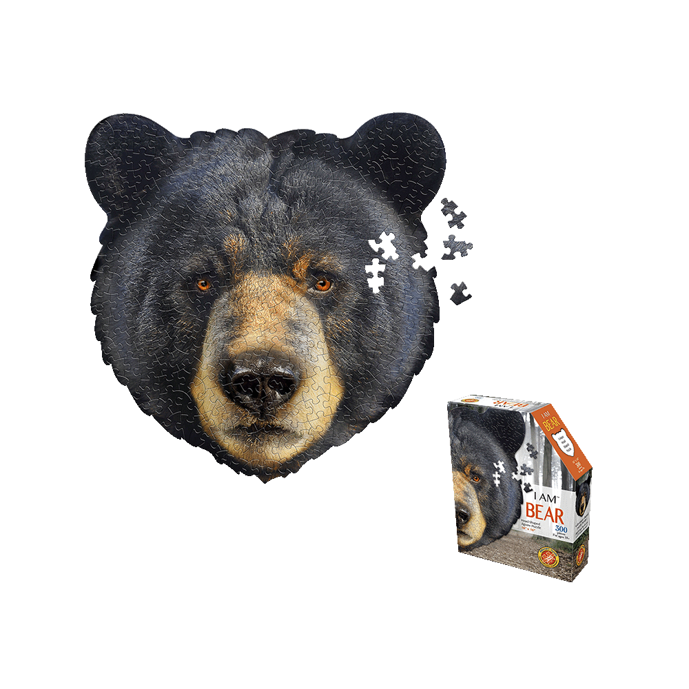 I AM BEAR 300-piece jigsaw puzzle with bear head-shaped pieces, shown assembled and partially disassembled next to product box