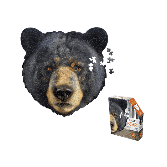 I AM BEAR 300-piece jigsaw puzzle with bear head-shaped pieces, shown assembled and partially disassembled next to product box