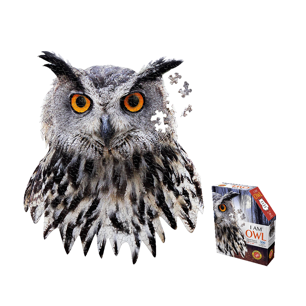Gray owl with orange eyes and black feather markings, partially assembled into puzzle pieces, next to I AM OWL 300-piece puzzle box