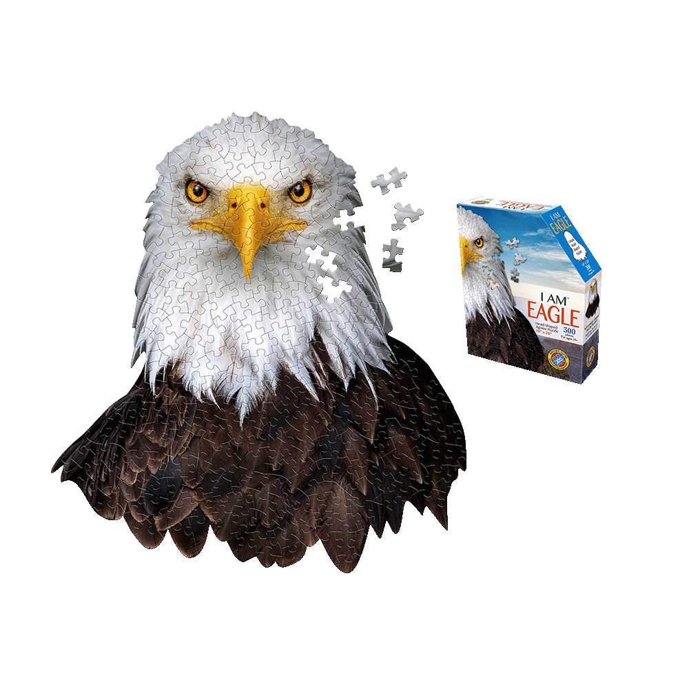 I AM EAGLE 300-piece jigsaw puzzle shaped like an eagle head with white and gray plumage, yellow eyes and beak, dark brown feathers, shown assembled next to its