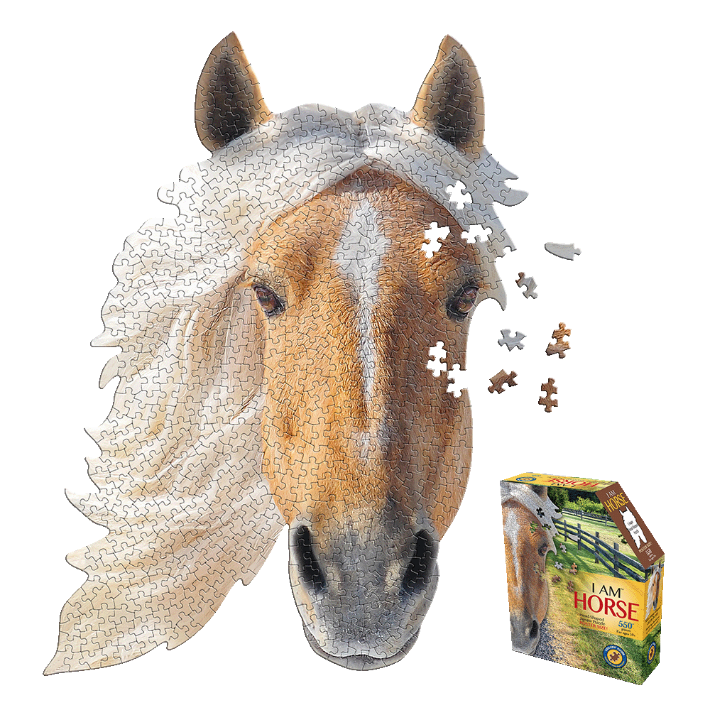 Madd Capp I AM HORSE 550-piece jigsaw puzzle shaped like a horse head, shown partially assembled with loose pieces and original box displayed