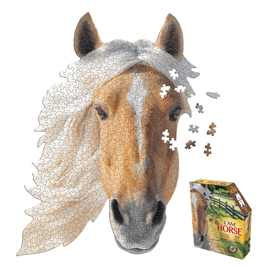 Madd Capp I AM HORSE 550-piece jigsaw puzzle shaped like a horse head, shown partially assembled with loose pieces and original box displayed