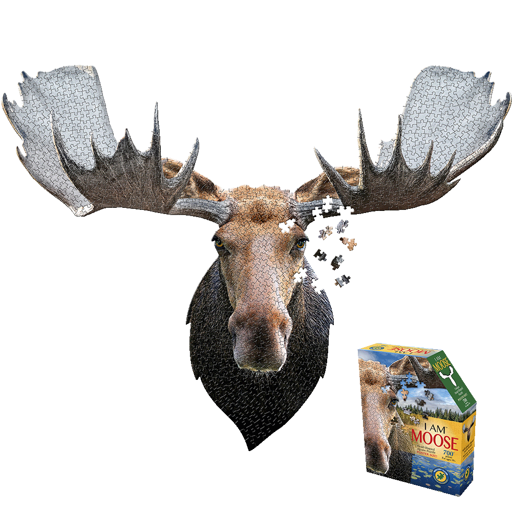 Moose head-shaped 700-piece jigsaw puzzle with assembled moose head showing puzzle pieces and box displaying I AM MOOSE branding