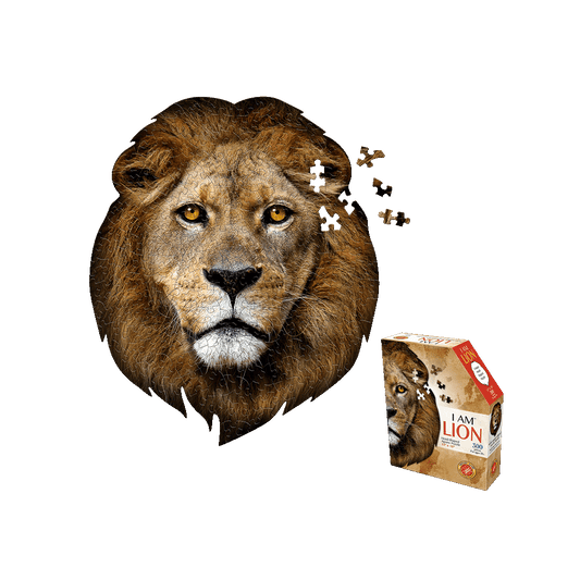 Lion-shaped 300-piece jigsaw puzzle with realistic lion head and scattered puzzle pieces, shown with product box labeled 'I AM LION'