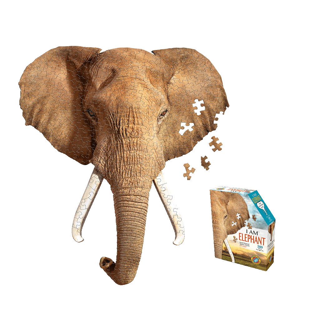 I AM ELEPHANT 300-piece jigsaw puzzle showing brown elephant head with tusks and scattered puzzle pieces, next to product box