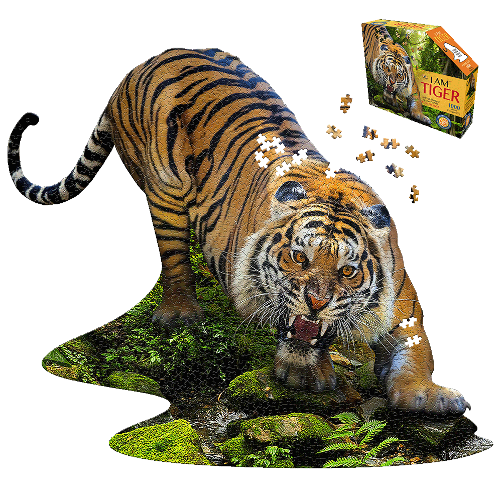 Madd Capp I AM Tiger 1000-piece jigsaw puzzle showing assembled puzzle of tiger in jungle landscape with puzzle box and loose pieces displayed
