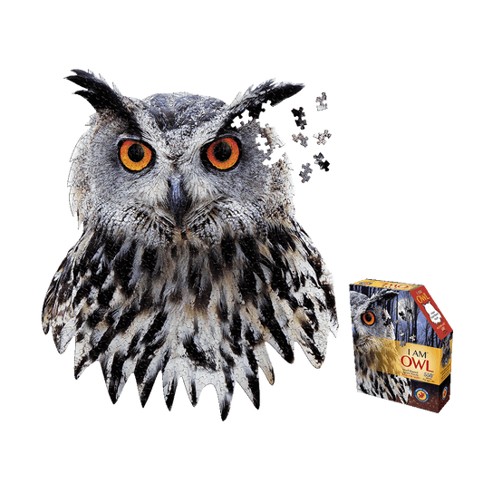 Gray owl with bright orange eyes and black feather markings, puzzle pieces floating from its head; I AM OWL 550-piece jigsaw puzzle box shown at right